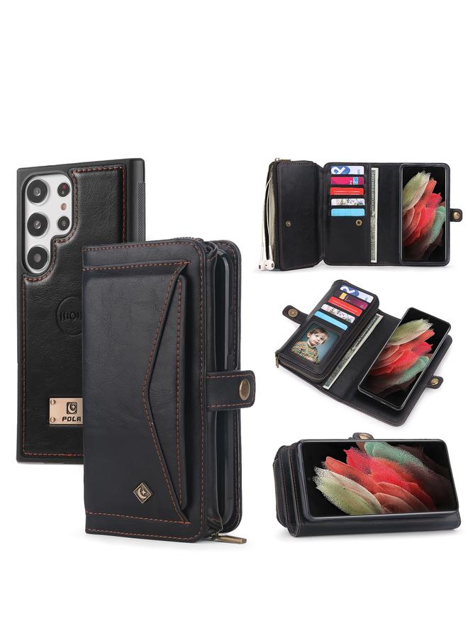 erorex For Samsung Galaxy S23 Ultra 5G Multi-functional Zipper Wallet Leather Phone Case(Black) 