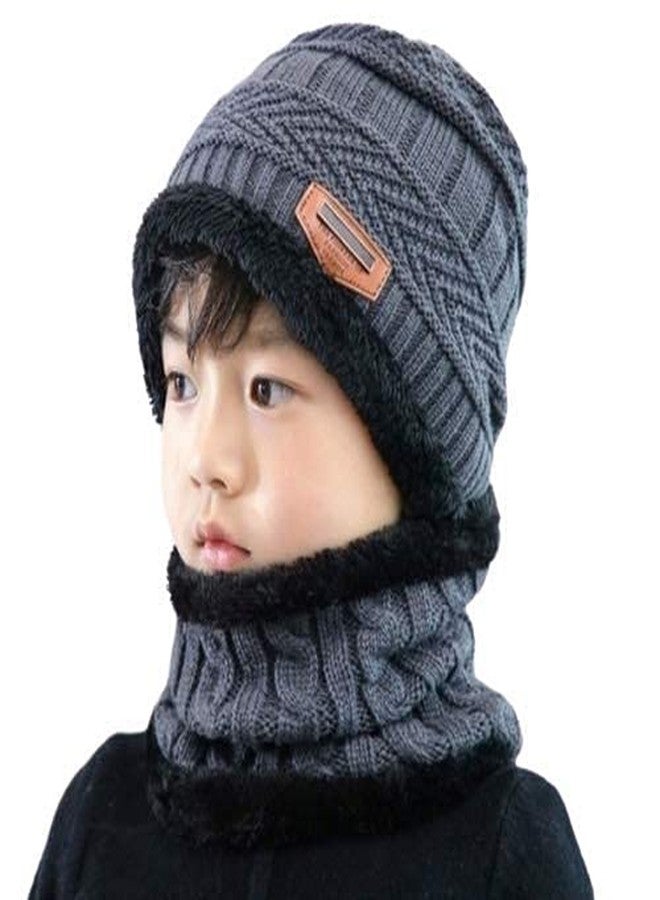 Atipriya Kids Grey Color Winter Soft Warm Snow Proof Cap (Inside Fur) Woolen Beanie Cap with Scarf for Boy's & Girl's (Free Size) - Image 5