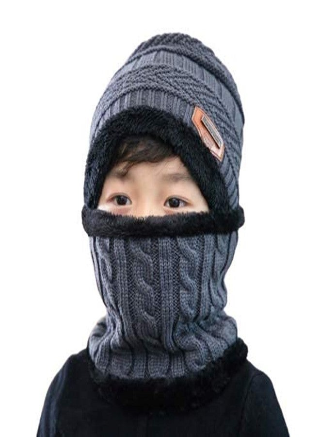 Atipriya Kids Grey Color Winter Soft Warm Snow Proof Cap (Inside Fur) Woolen Beanie Cap with Scarf for Boy's & Girl's (Free Size) - Image 1
