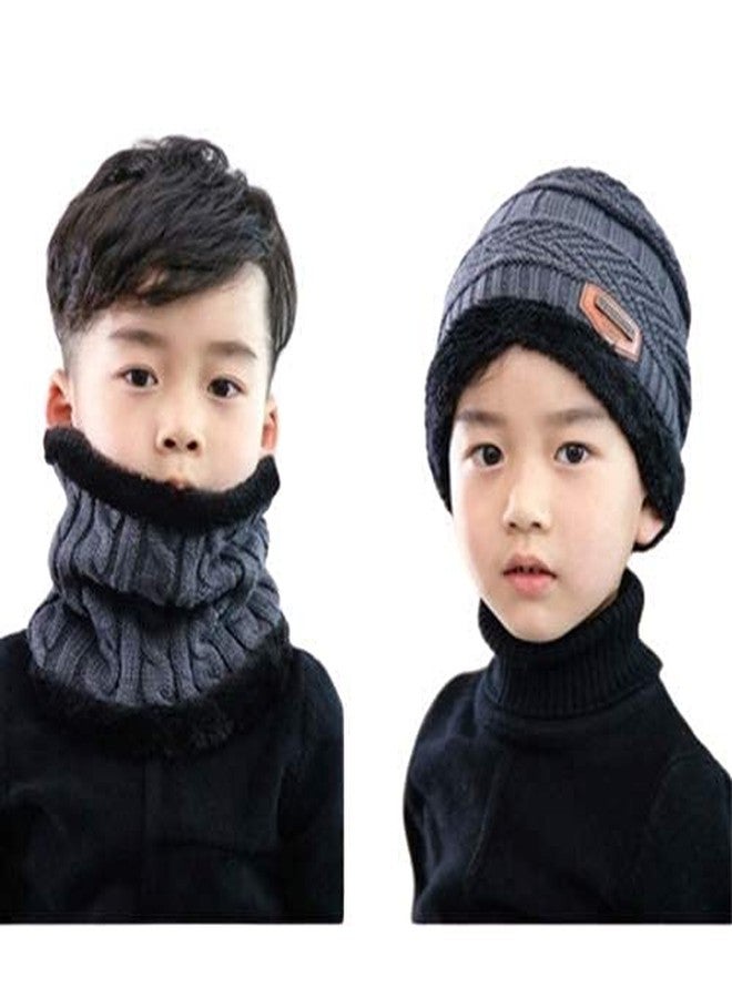 Atipriya Kids Grey Color Winter Soft Warm Snow Proof Cap (Inside Fur) Woolen Beanie Cap with Scarf for Boy's & Girl's (Free Size) - Image 2