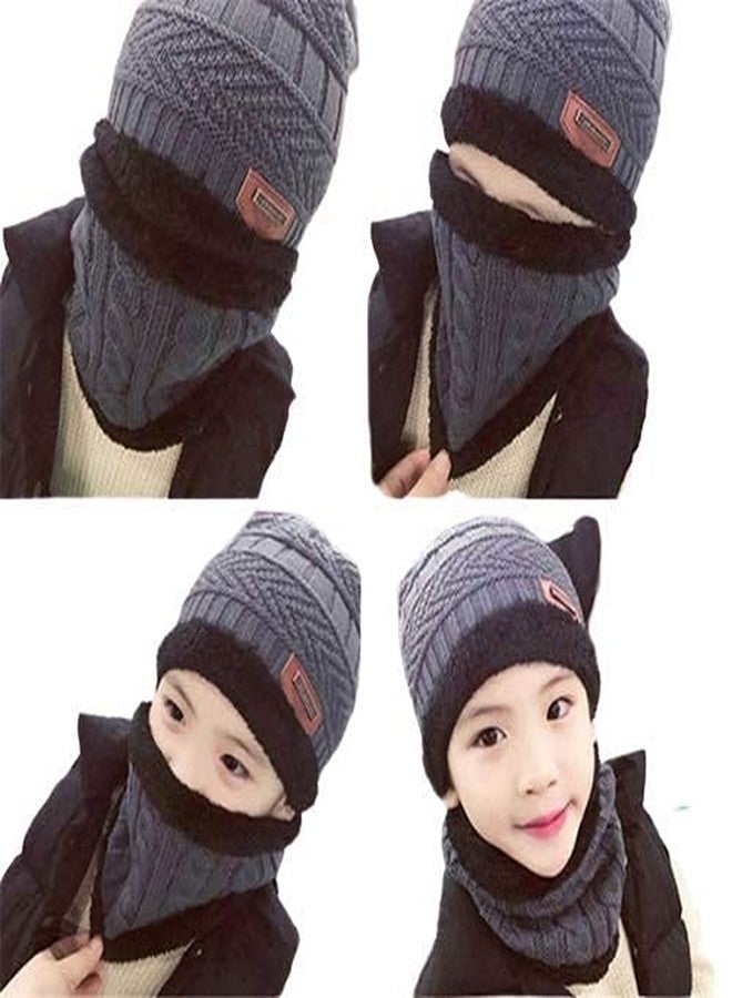 Atipriya Kids Grey Color Winter Soft Warm Snow Proof Cap (Inside Fur) Woolen Beanie Cap with Scarf for Boy's & Girl's (Free Size) - Image 3