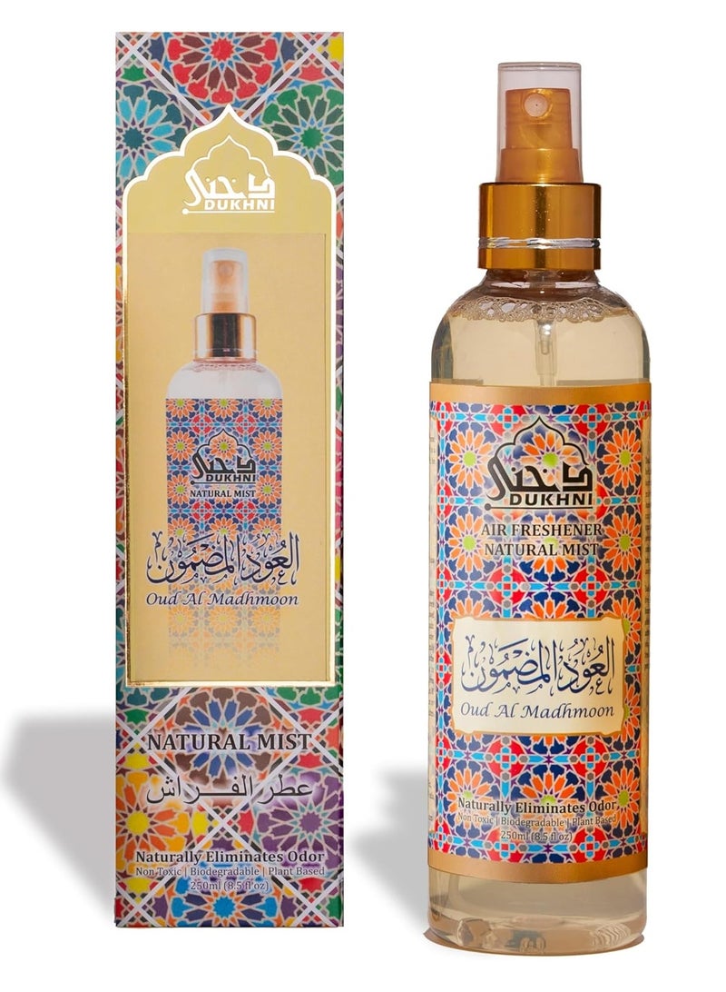 Dukhni Oud Al Madhmoon Attar Al Faraash | 250ml Non Alcoholic Spray | Arabic Natural Mist | Air Freshener, Room Mist, Fabric & Linen Spray | Perfect for Prayer mats, beds, sofas, curtains | Halal - Image 1