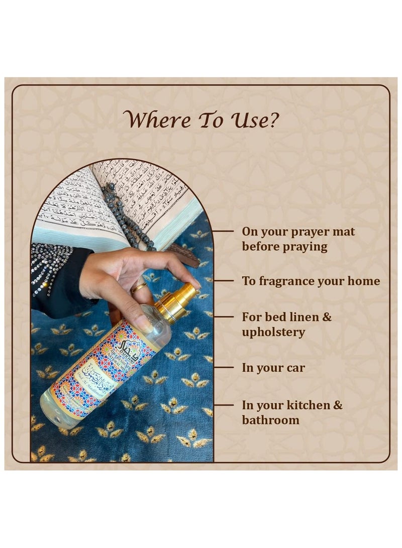 Dukhni Oud Al Madhmoon Attar Al Faraash | 250ml Non Alcoholic Spray | Arabic Natural Mist | Air Freshener, Room Mist, Fabric & Linen Spray | Perfect for Prayer mats, beds, sofas, curtains | Halal - Image 4