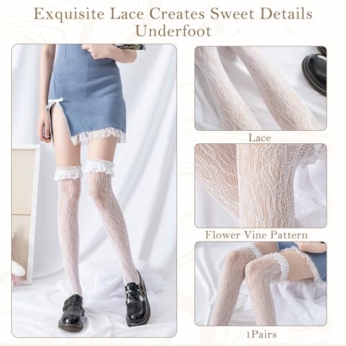 TecoKart® Sweet Lolita Lace Stockings | Elegant Floral Long Socks for Women | Vintage Style White Socks for Girls | Knee High Fashion Socks - Image 3