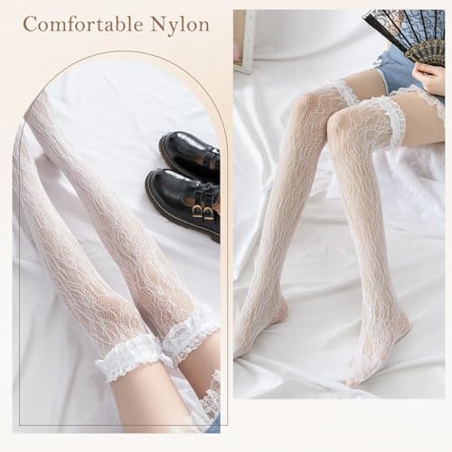 TecoKart® Sweet Lolita Lace Stockings | Elegant Floral Long Socks for Women | Vintage Style White Socks for Girls | Knee High Fashion Socks - Image 4
