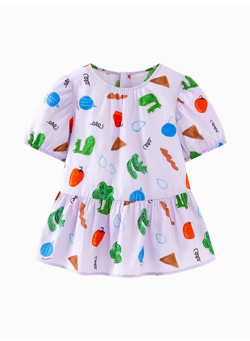 ميني بالا قميص طفل زبائن بصمام فواكه وقوانين لطيف بأكمام بوف، قطعة ناعمة وقابلة للتنفس، طوق دائري مع مفتاح أزرار في الخلف، مثالي للارتداء اليومي وللتوازنات والاجتماعات غير الرسمية قميص طفل - Image 4