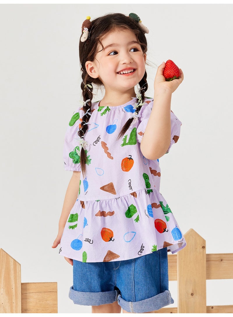 ميني بالا قميص طفل زبائن بصمام فواكه وقوانين لطيف بأكمام بوف، قطعة ناعمة وقابلة للتنفس، طوق دائري مع مفتاح أزرار في الخلف، مثالي للارتداء اليومي وللتوازنات والاجتماعات غير الرسمية قميص طفل - Image 2