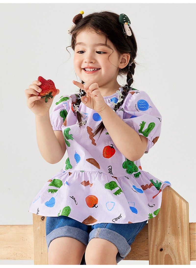 ميني بالا قميص طفل زبائن بصمام فواكه وقوانين لطيف بأكمام بوف، قطعة ناعمة وقابلة للتنفس، طوق دائري مع مفتاح أزرار في الخلف، مثالي للارتداء اليومي وللتوازنات والاجتماعات غير الرسمية قميص طفل - Image 1