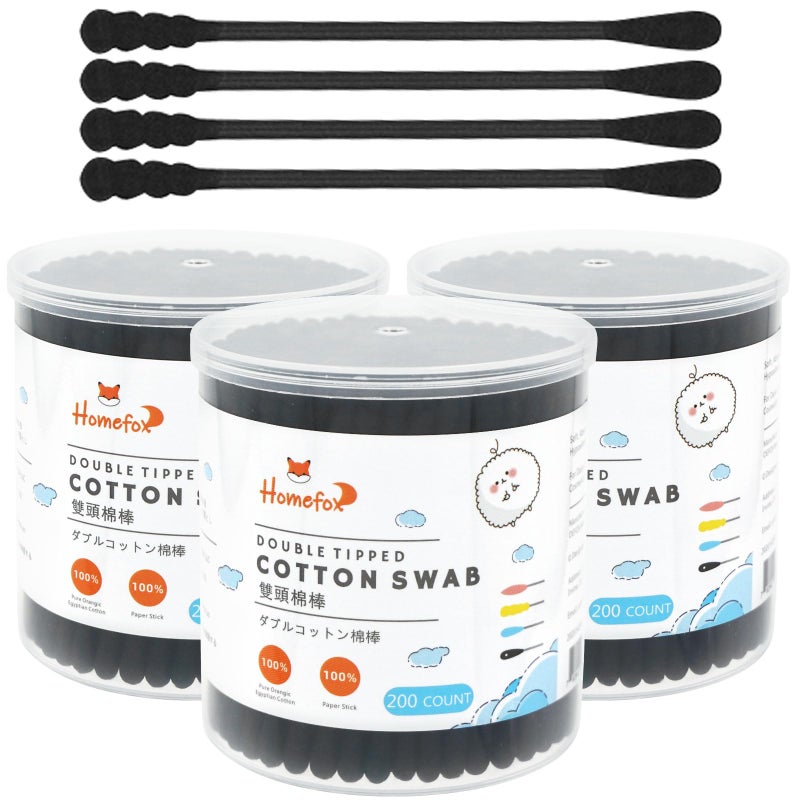 HOMEFOX Black Cotton Swabs Spiral  600 Count Organic Cotton Buds Double Side Tightly Wrapped Charcoal Cotton Tips Paper Stick Soft Gentle LintFree CrueltyFree Goth Bathroom Round  Spiral Black