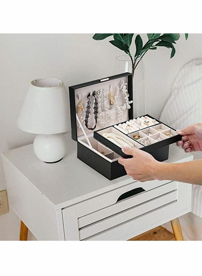 Y&D Jewelry Box for Women Girls, 2 Layer Organizer Box, Multi-function Display Storage Case, with Lock PU Leather, Large Capacity Set, Necklace Earring Rings Holder (Black)  - Image 4