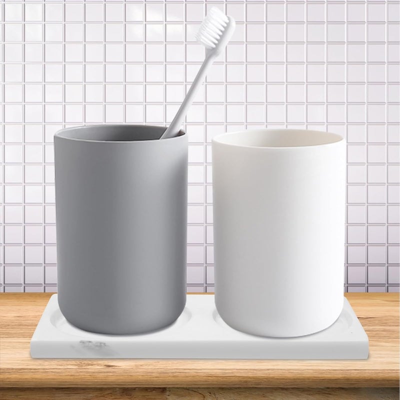 Healifty Marble-Style Resin Vanity Tray and Toothbrush Holder Set, Decorative Bathroom Organizer for Countertop and Washroom, White Imitation Stone Non-Slip Bathroom Storage Tray for Daily - Image 3