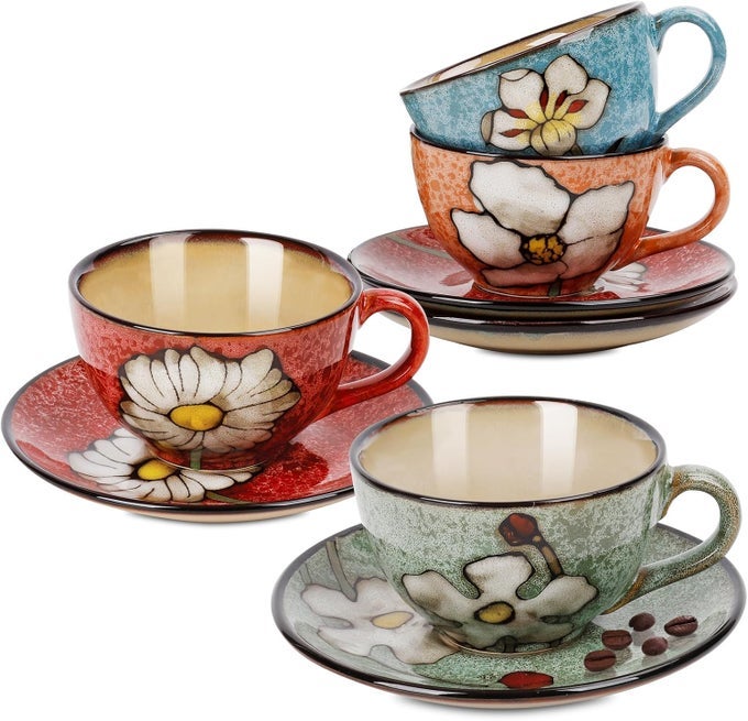 CAPPUCCINO CUPS SET OF 4 8 OZ CERAMIC COFFEE CUPS WITH SAUCERS FOR ESPRESSO TEA LATTE HANDPAINTED PORCELAIN UNDERGLAZE DESIGN