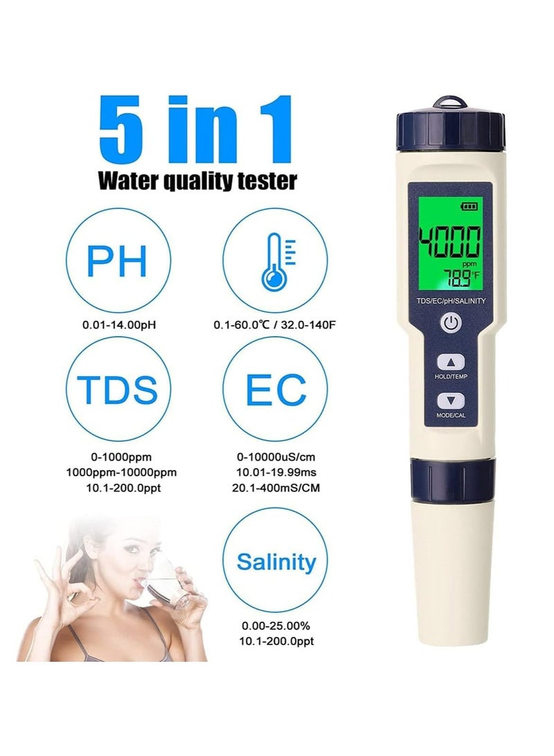 5 in 1 PH Meter, Professional Multi-parameter Combo Testing Meter，PH/TDS/EC/Salinity/Temp Meter for Water, High Accuracy Water Testing Kits for Drinking Water, Pools, Fish Tank, and Hydroponics - Image 2