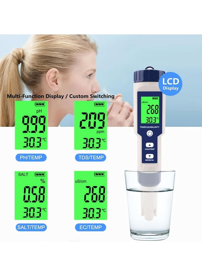 5 in 1 PH Meter, Professional Multi-parameter Combo Testing Meter，PH/TDS/EC/Salinity/Temp Meter for Water, High Accuracy Water Testing Kits for Drinking Water, Pools, Fish Tank, and Hydroponics - Image 5