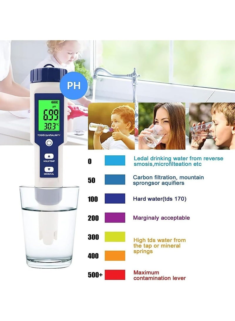 5 in 1 PH Meter, Professional Multi-parameter Combo Testing Meter，PH/TDS/EC/Salinity/Temp Meter for Water, High Accuracy Water Testing Kits for Drinking Water, Pools, Fish Tank, and Hydroponics - Image 4