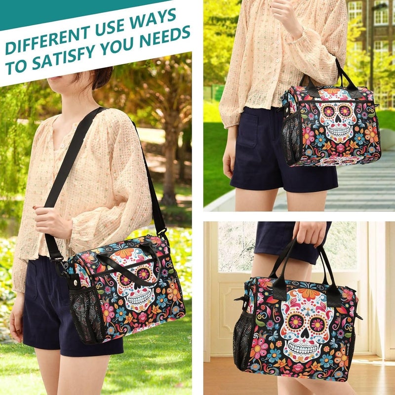 ALAZA Skull Day Of The Dead Lunch Bag for Women Insulated Lunch Box for Students Womens Lunch Tote Bag with Side Pockets  Removable Shoulder Strap Large Cooler Purse for Picnic Work Beach  - Image 2