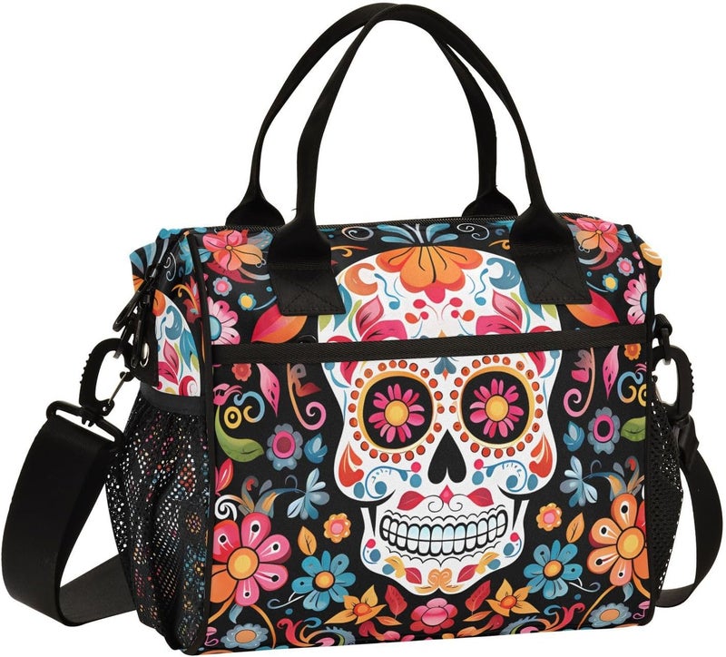 ALAZA Skull Day Of The Dead Lunch Bag for Women Insulated Lunch Box for Students Womens Lunch Tote Bag with Side Pockets  Removable Shoulder Strap Large Cooler Purse for Picnic Work Beach  - Image 1