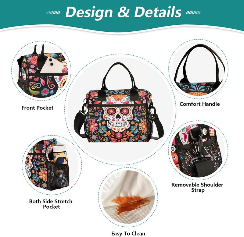 ALAZA Skull Day Of The Dead Lunch Bag for Women Insulated Lunch Box for Students Womens Lunch Tote Bag with Side Pockets  Removable Shoulder Strap Large Cooler Purse for Picnic Work Beach  - Image 4