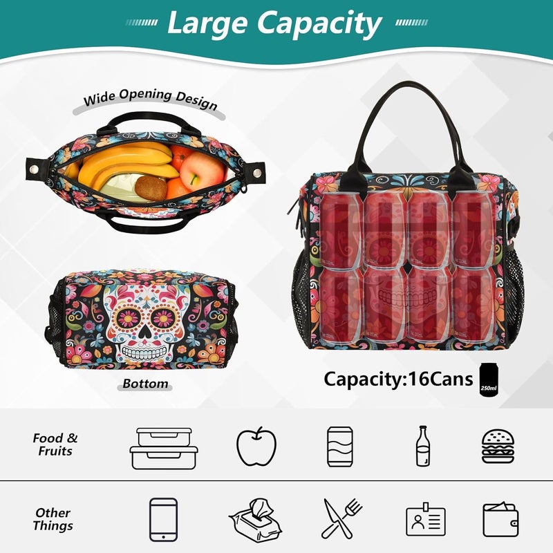 ALAZA Skull Day Of The Dead Lunch Bag for Women Insulated Lunch Box for Students Womens Lunch Tote Bag with Side Pockets  Removable Shoulder Strap Large Cooler Purse for Picnic Work Beach  - Image 5