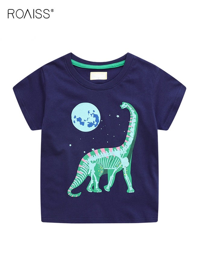 roaiss Boys Summer Luminous T-shirt, Short Sleeve Cotton Top for Toddlers, Stylish Unique T shirt with Glow-in-the-dark Dinosaur Pattern, Suitable for Daily Wear or Any Occasion - Image 1