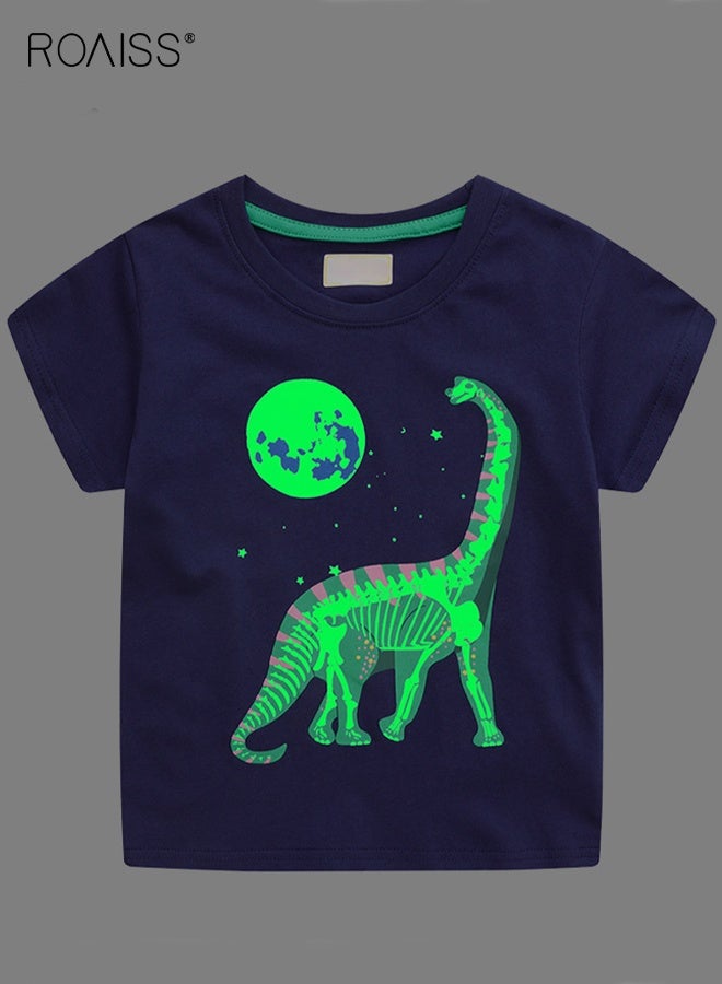 roaiss Boys Summer Luminous T-shirt, Short Sleeve Cotton Top for Toddlers, Stylish Unique T shirt with Glow-in-the-dark Dinosaur Pattern, Suitable for Daily Wear or Any Occasion - Image 2