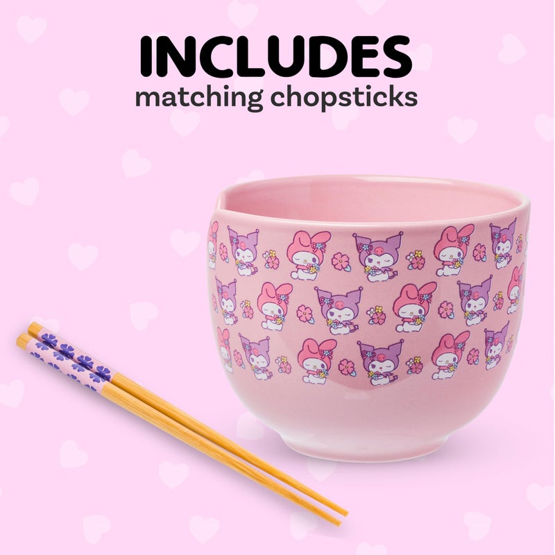 Silver Buffalo Sanrio Hello Kitty and Friends My Melody and Kuromi Pastel Flowers Ceramic Ramen Noodle Rice Bowl with Chopsticks, Microwave Safe, 20 Ounces - Image 3
