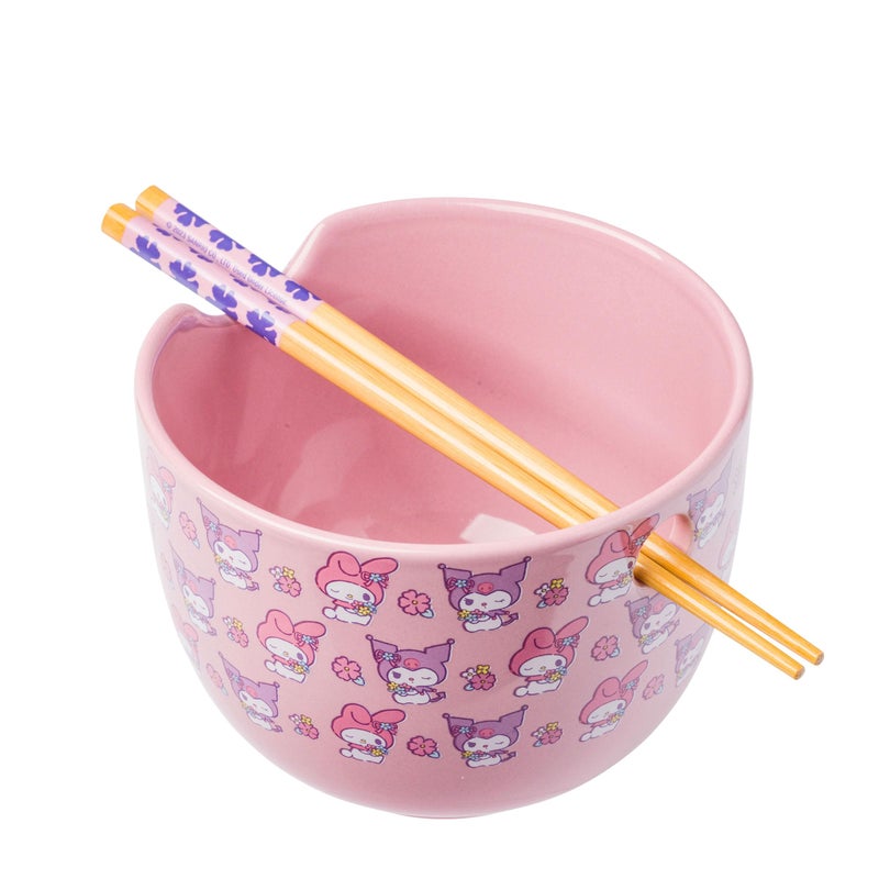 Silver Buffalo Sanrio Hello Kitty and Friends My Melody and Kuromi Pastel Flowers Ceramic Ramen Noodle Rice Bowl with Chopsticks, Microwave Safe, 20 Ounces - Image 1