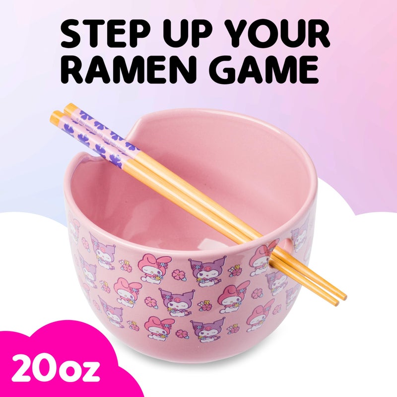 Silver Buffalo Sanrio Hello Kitty and Friends My Melody and Kuromi Pastel Flowers Ceramic Ramen Noodle Rice Bowl with Chopsticks, Microwave Safe, 20 Ounces - Image 2