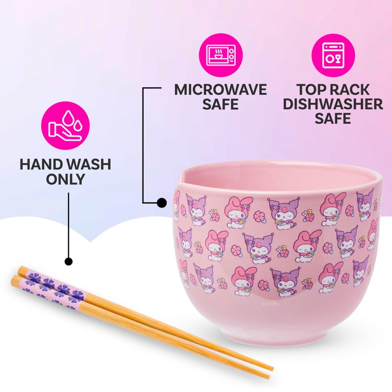 Silver Buffalo Sanrio Hello Kitty and Friends My Melody and Kuromi Pastel Flowers Ceramic Ramen Noodle Rice Bowl with Chopsticks, Microwave Safe, 20 Ounces - Image 4