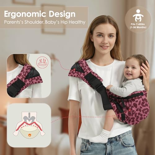 Shiaon Baby Sling Carrier Newborn to Toddler, Adjustable Toddler Carrier Sling Baby Carrier Toddlers Sling Carriers Hip Carriers for 8-40lbs, Pink Leopard Print - Image 3
