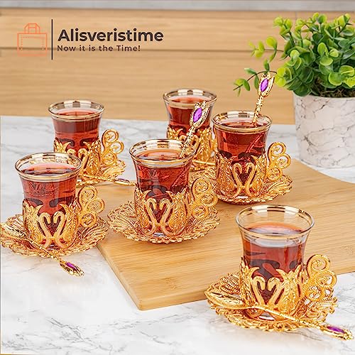 Alisveristime (SET OF 6 Handmade Turkish Tea Water Zamzam Serving Set Glasses Saucer and Spoon (Ottoman) (Gold) - Image 2