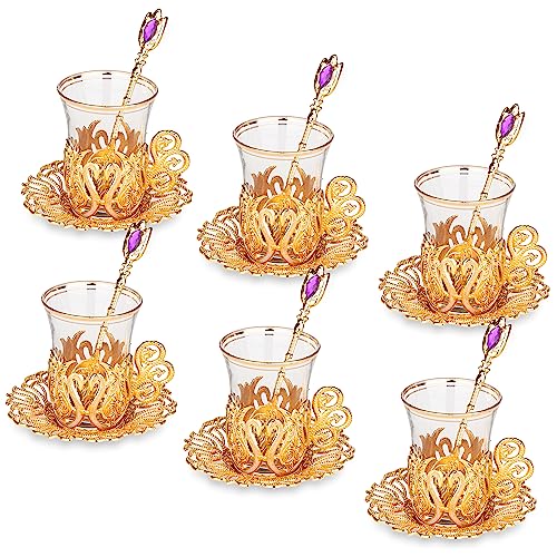 Alisveristime (SET OF 6 Handmade Turkish Tea Water Zamzam Serving Set Glasses Saucer and Spoon (Ottoman) (Gold) - Image 5