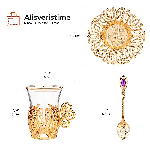 Alisveristime (SET OF 6 Handmade Turkish Tea Water Zamzam Serving Set Glasses Saucer and Spoon (Ottoman) (Gold) - Image 4