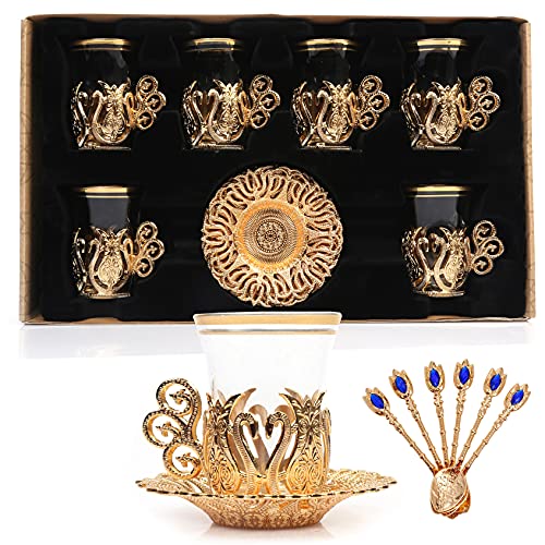 Alisveristime (SET OF 6 Handmade Turkish Tea Water Zamzam Serving Set Glasses Saucer and Spoon (Ottoman) (Gold) - Image 1