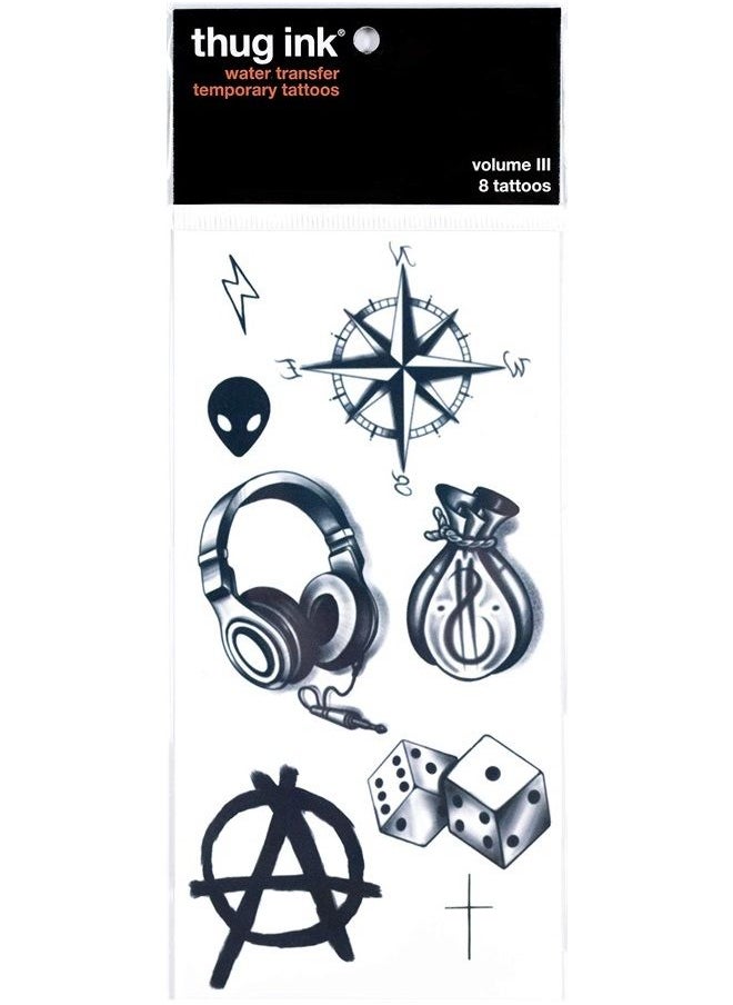 Thug Ink Temporary Tattoos - Volume III - 8 Temporary Tattoos ~ Face Tattoos ~ Money Bag, Compass, Alien Head, etc. ~ Thug Life ~ Fake Tattoos ~ Water-transfer Tattoos  - Image 1