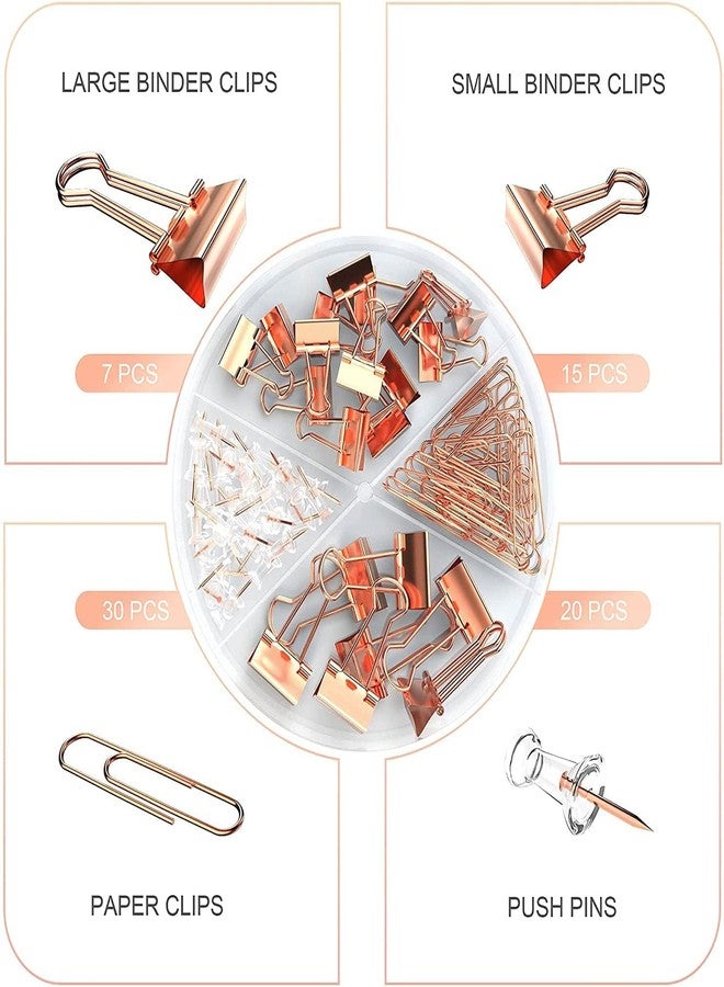 Kiwilon Paper and Binder Clips - Spine Binding Clips | Paper Clips Stationery | Push Pins for Notice Board | Metal Assorted Sized Binders | Office Supplies Stationery Kit (Rose Gold) - Image 2