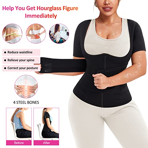 Eleady Women Waist Trainer Corset Trimmer Belt Neoprene Sauna Sweat Suit Zipper Body Shaper with Adjustable Workout Tank Tops (Black, Medium) - Image 3