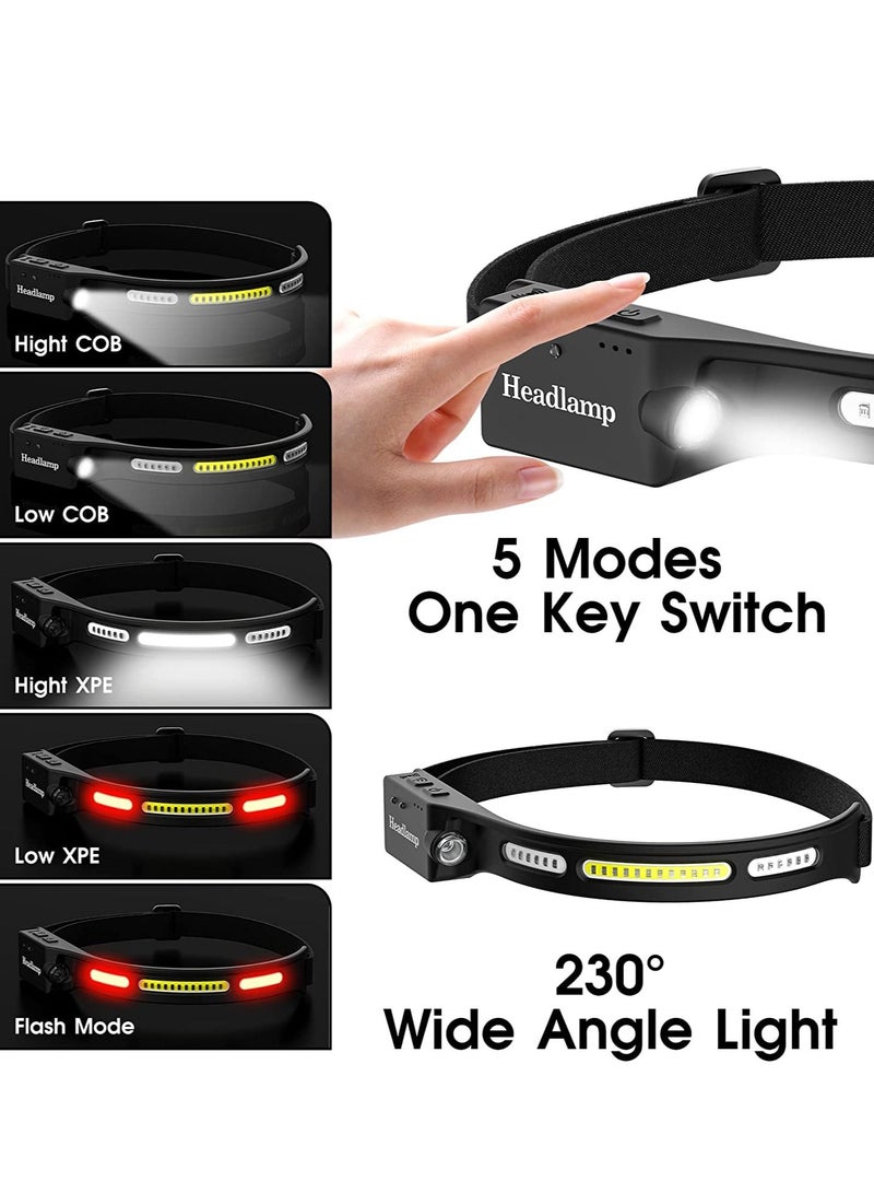 Headlamp, Rechargeable LED Head Lamp, 1200mAh Bright 270° Wide Beam Induction Mode, Working Headlight, with Red Flashlight and Warning Light, Suitable for Night Running Camping Cycling Fishing - Image 2