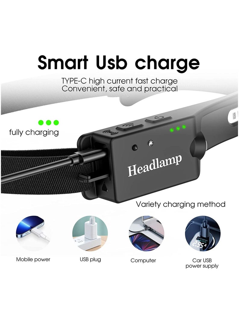 Headlamp, Rechargeable LED Head Lamp, 1200mAh Bright 270° Wide Beam Induction Mode, Working Headlight, with Red Flashlight and Warning Light, Suitable for Night Running Camping Cycling Fishing - Image 4