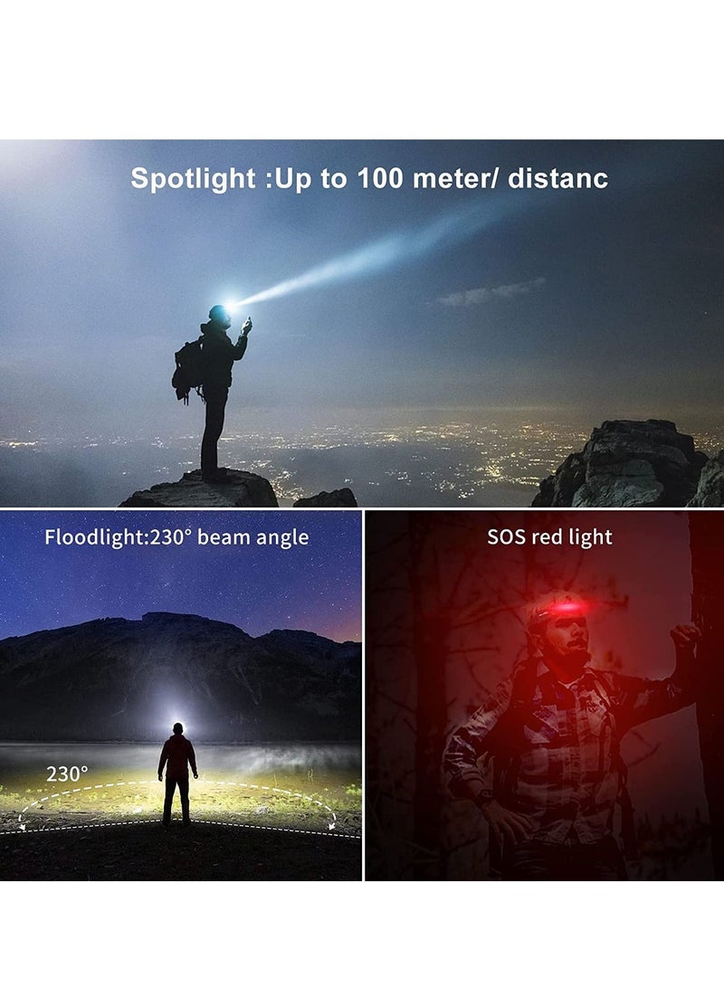 Headlamp, Rechargeable LED Head Lamp, 1200mAh Bright 270° Wide Beam Induction Mode, Working Headlight, with Red Flashlight and Warning Light, Suitable for Night Running Camping Cycling Fishing - Image 3