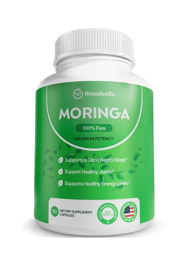 Rosabella Moringa Capsules - Pure Moringa Powder, Supports Energy Skin Immune & Gut Health, Rich in Antioxidants, Essential Vitamins & Amino Acids, Natural Green Superfood Supplement - 60 Capsules - Image 1