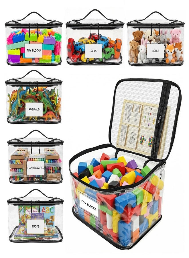 HOUYEE 6 Packs Extra Large Clear Toy Storage Bags with Name Tags and Mesh Pocket, Waterproof PVC Organizer for Toys, Board Games, Building Blocks, Puzzles, Dolls (Black Edges) - Image 1