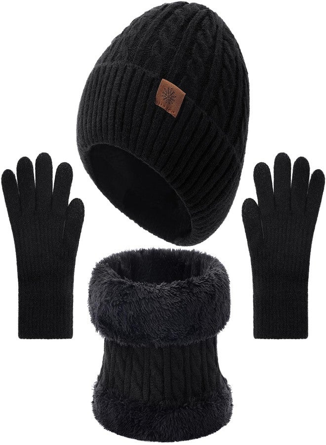 Tavaleu Kids Winter Hat Gloves Scarf Set - 3 Pcs Boys Girls Winter Beanie Sets 8-15 Years Warm Beanie Fleece Lined Knitted Hats Black - Image 1