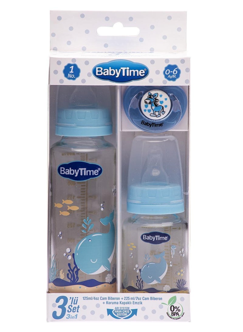 Baby Time BabyTime BT207 3-in-1 Glass Feeding Bottle & Soother Set (125ml & 225ml) - Blue - Image 1