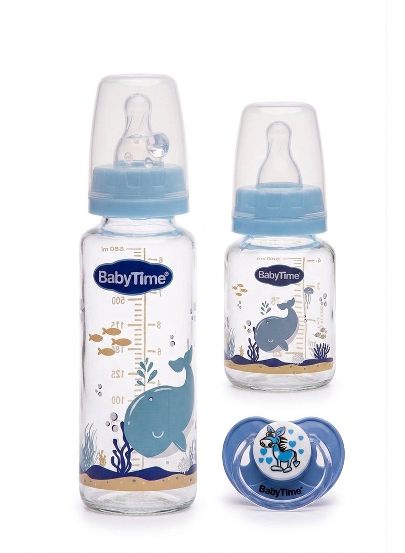 Baby Time BabyTime BT207 3-in-1 Glass Feeding Bottle & Soother Set (125ml & 225ml) - Blue - Image 2