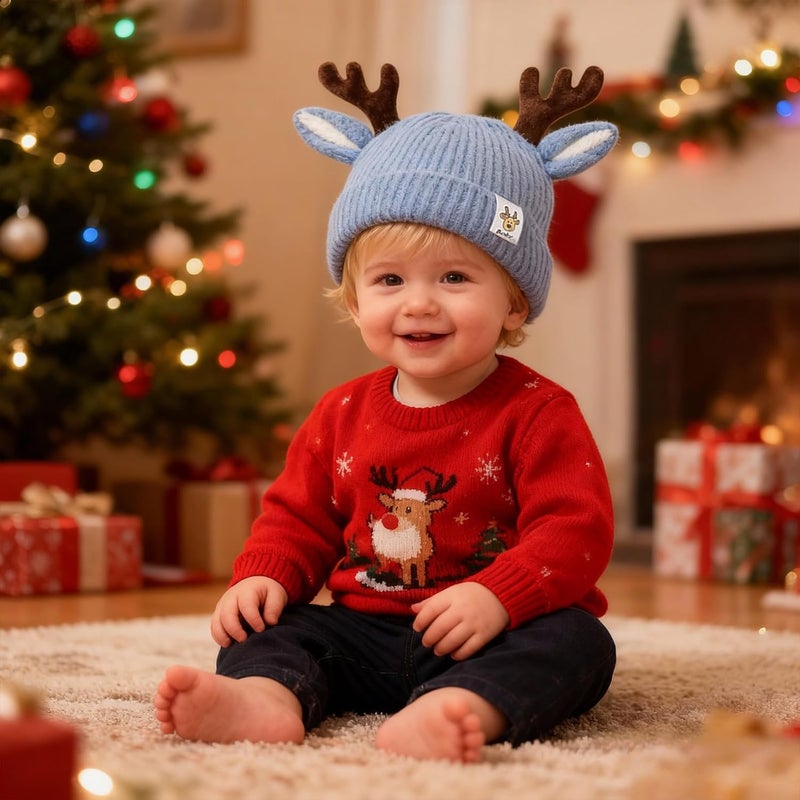 leomoste Baby Beanie Hat Cute Antlers Reindeer Crochet Knitted Hat Winter Warm Cap for Toddler Boys Girls - Image 2