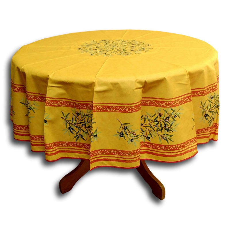 La Cigale Oliviere Wipeable Tablecloth Spill Resistant Acryllic Coated Floral Cotton French Provencal Tablecloth for Round Tables for Indoor and Outdoors Yellow 71in Round