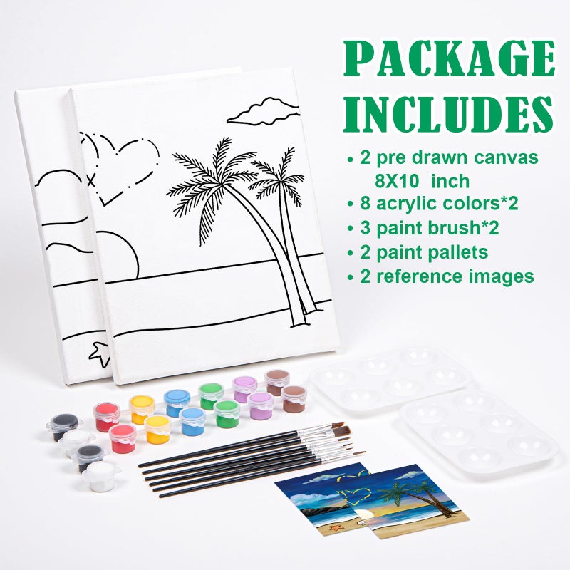 Vochic 2 Pack Sip And Paint Kit Pre Drawn Canvas For Painting For Adults Couples Date Night Games Outline Canvas Party Art Set Paints Brushes Pallets Valentine (8X10 Inches  Beach And Heart) - Image 5