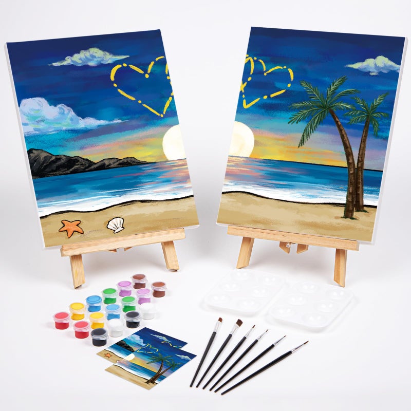 Vochic 2 Pack Sip And Paint Kit Pre Drawn Canvas For Painting For Adults Couples Date Night Games Outline Canvas Party Art Set Paints Brushes Pallets Valentine (8X10 Inches  Beach And Heart) - Image 2