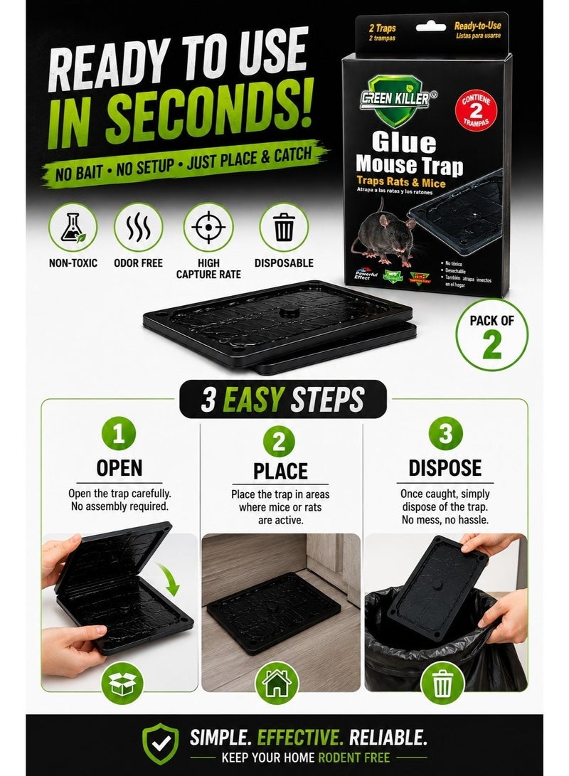 Green Killer Glue Mouse Trap Pack of 2 – Ready-to-Use Non-Toxic Sticky Rat & Mice Catcher Board – Strong Adhesive Disposable Rodent Trap for Home, Kitchen, Garage & Warehouse - Image 5